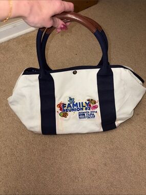Canvas Family Reunion Tote in White & Navy with Brown Handles
